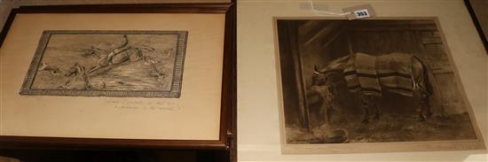 George Algernon Fothergill (1868-1945), four monochrome huntings prints and another of a stabled horse, all signed in pencil